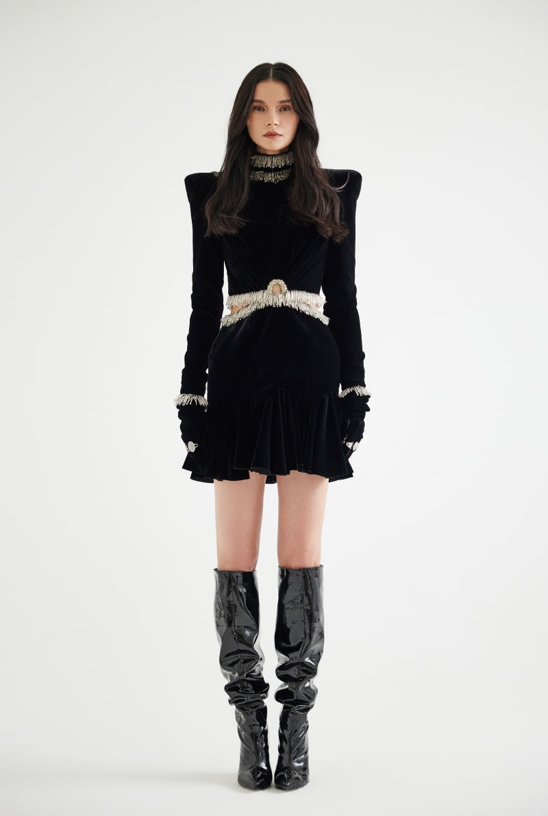 BEAD-EMBELLISHED VELVET MINI DRESS IN BLACK - CULT MIA