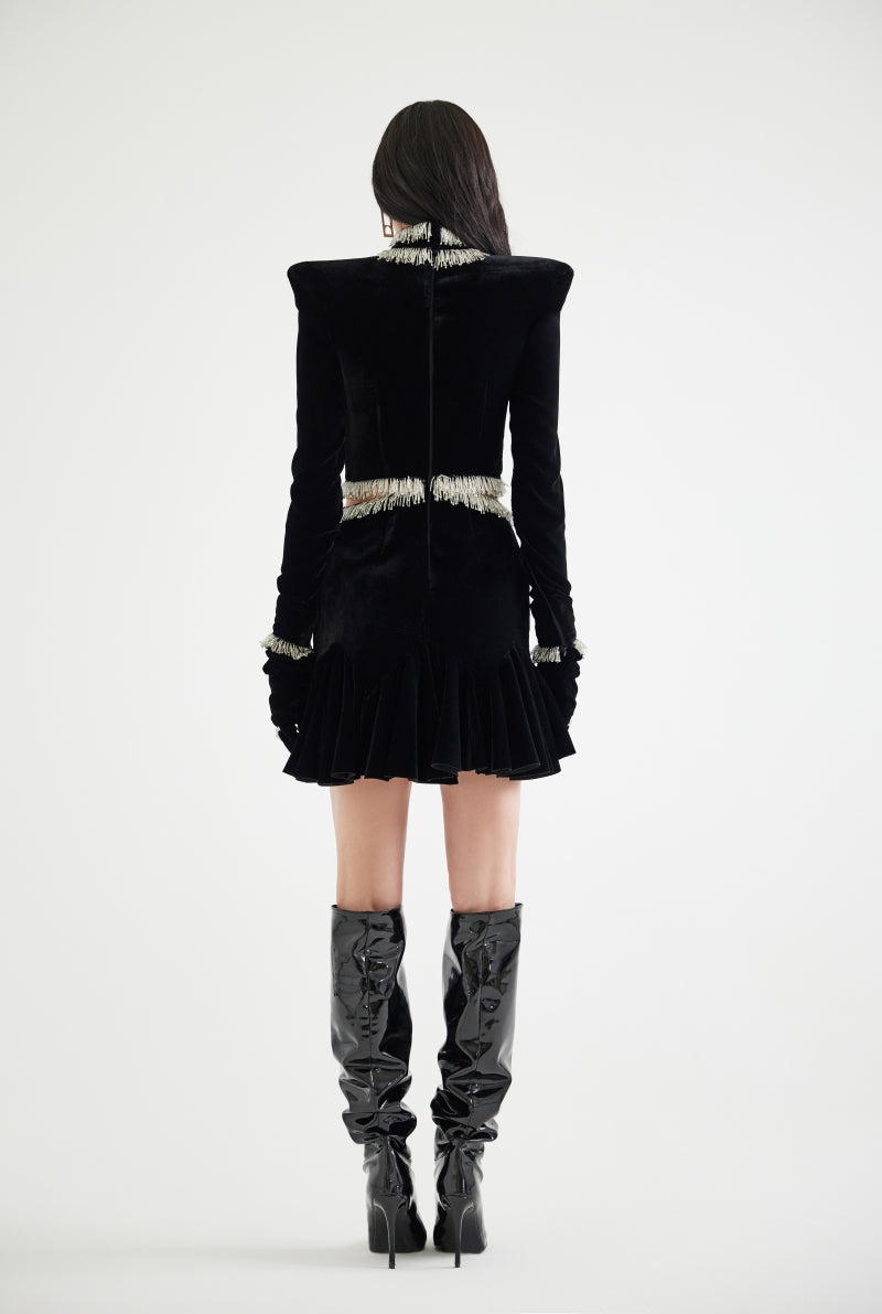 BEAD-EMBELLISHED VELVET MINI DRESS IN BLACK - CULT MIA