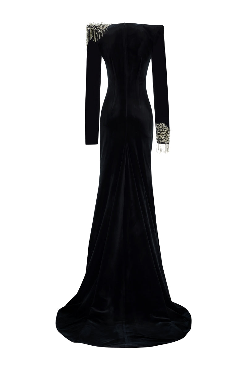 EMBROIDERED VELVET MAXI DRESS IN BLACK - CULT MIA