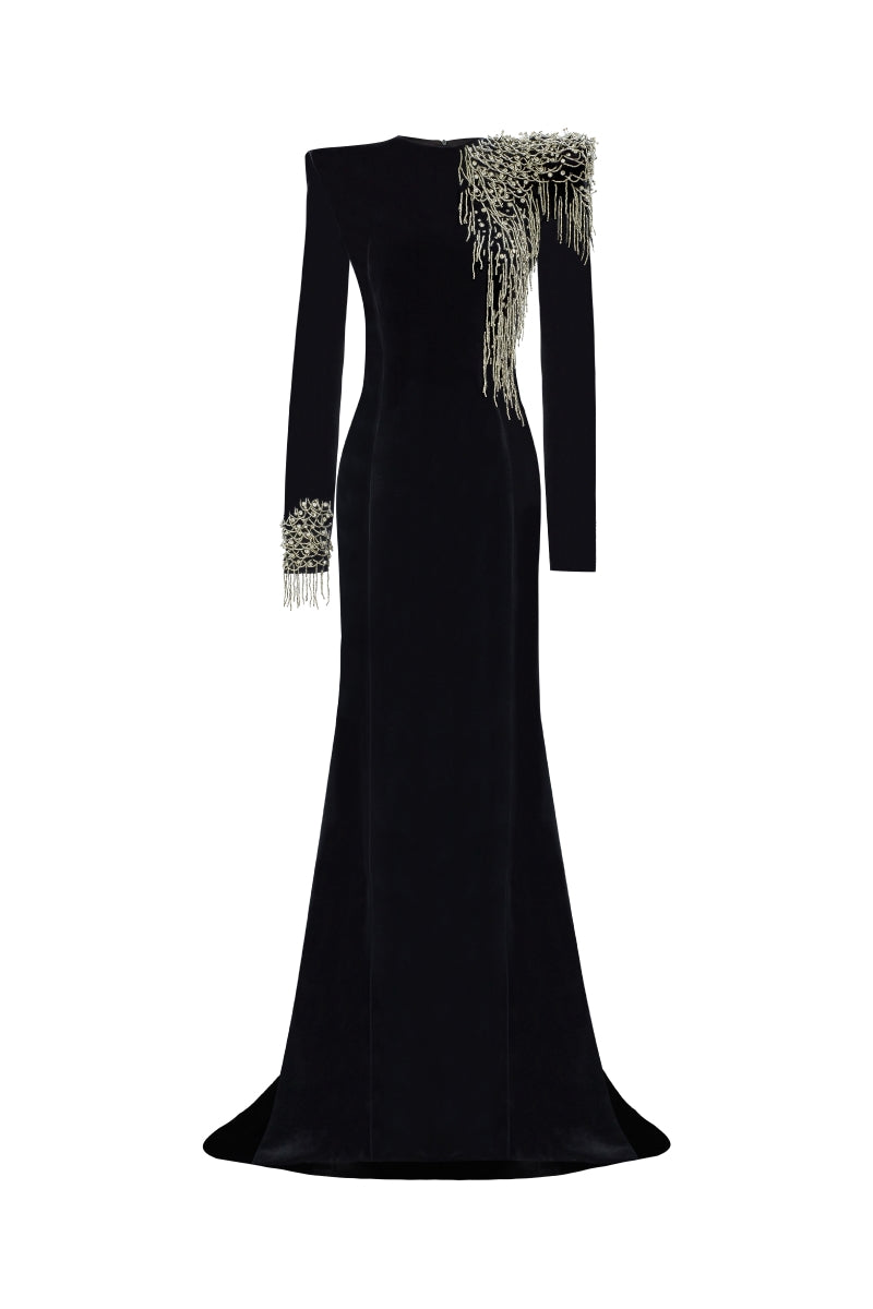 EMBROIDERED VELVET MAXI DRESS IN BLACK - CULT MIA