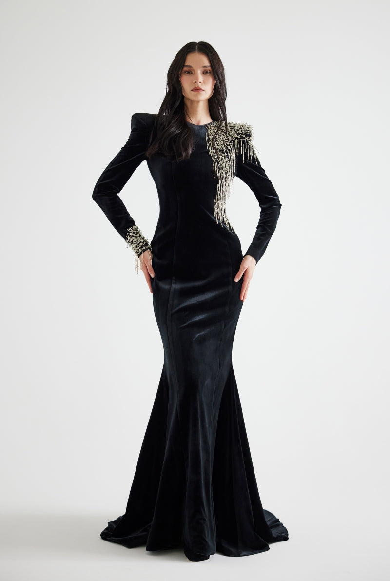 black velvet maxi dress EMBROIDERED VELVET MAXI DRESS IN BLACK | CULT MIA