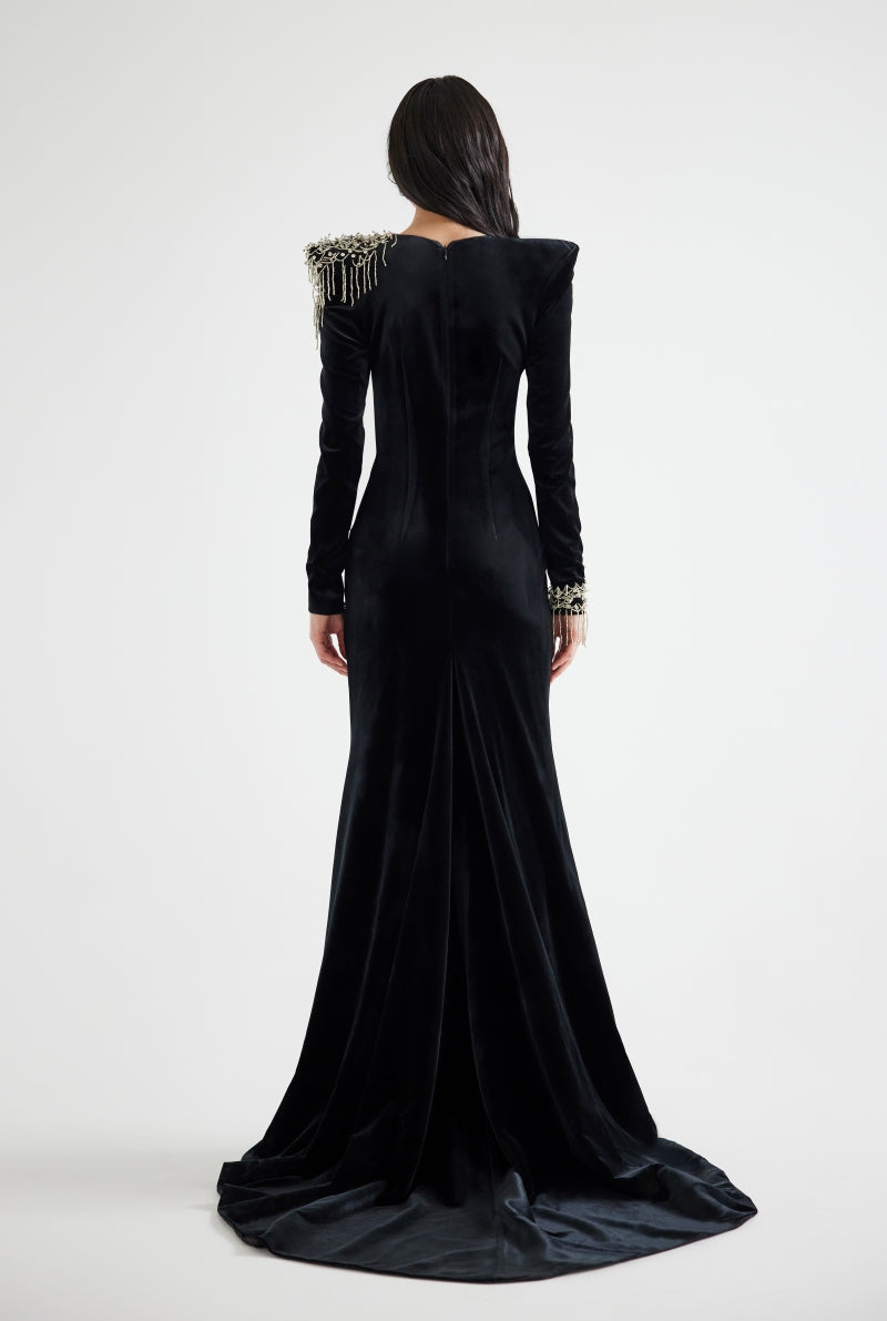 EMBROIDERED VELVET MAXI DRESS IN BLACK - CULT MIA