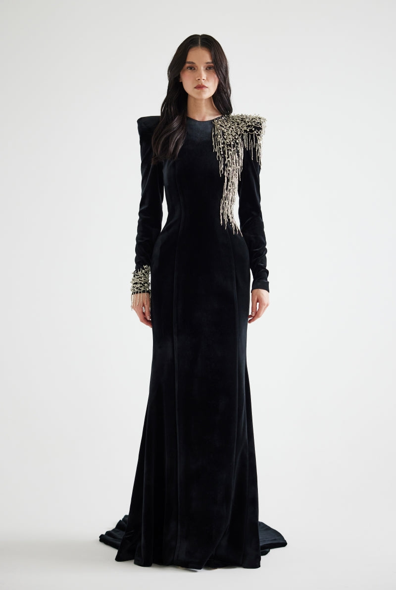 EMBROIDERED VELVET MAXI DRESS IN BLACK - CULT MIA