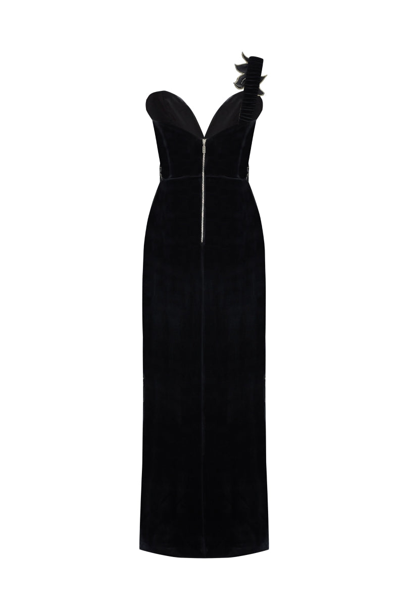 EMBROIDERED SIDE SLIT MIDI DRESS IN BLACK - CULT MIA