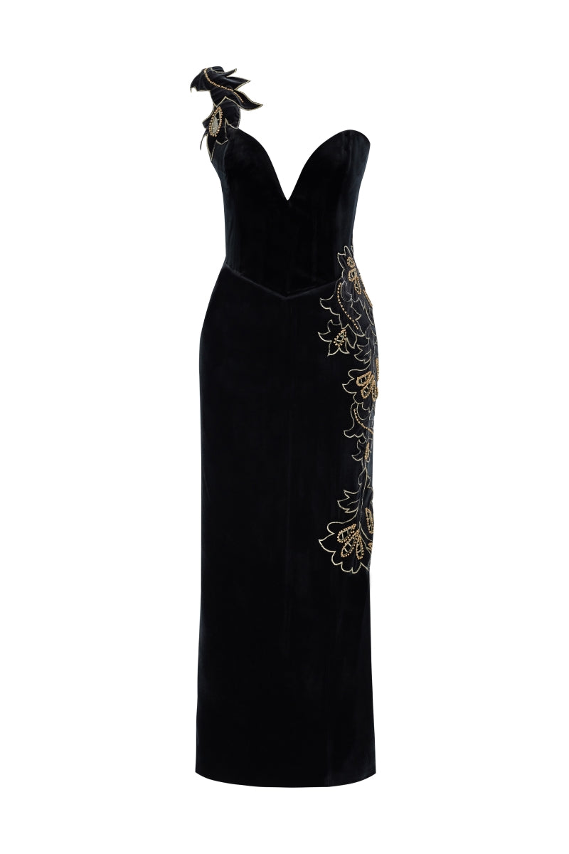 EMBROIDERED SIDE SLIT MIDI DRESS IN BLACK - CULT MIA