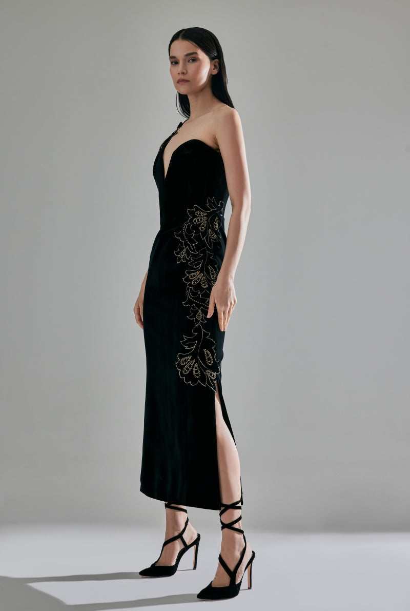 EMBROIDERED SIDE SLIT MIDI DRESS IN BLACK - CULT MIA