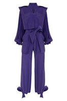 Purple Haleia jumpsuit with a belt, front view showcasing the stylish design and fitted waist for a chic, modern look.