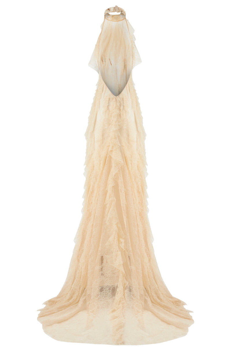 ECRU HALTER VERTICAL OPEN BACK RUFFLED MAXI DRESS - CULT MIA