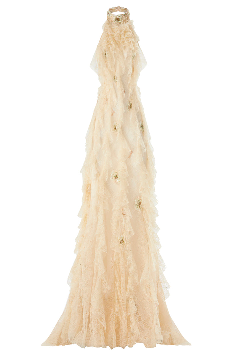 ECRU HALTER VERTICAL OPEN BACK RUFFLED MAXI DRESS - CULT MIA