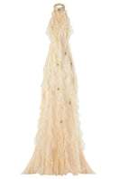 Ecru Haleia halter maxi dress with open back and ruffled details, featuring a vertical design, displayed from the front.