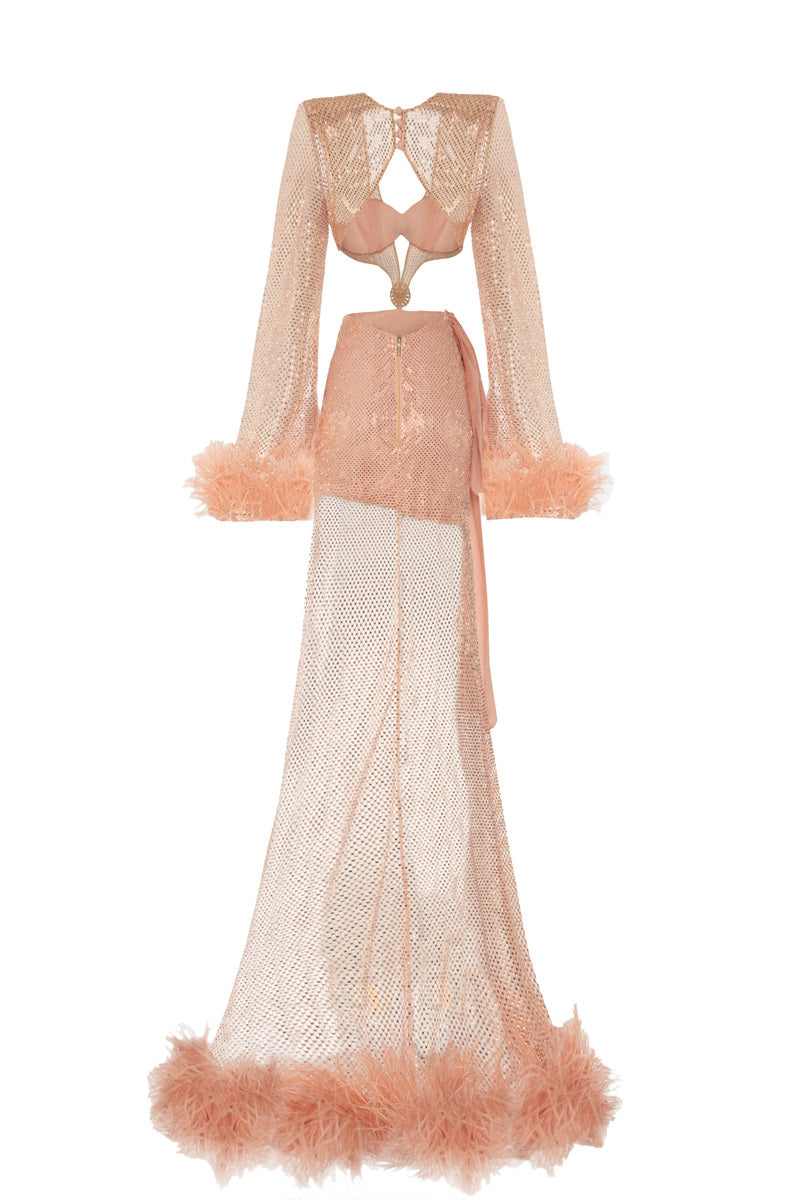 SALMON HANDMADE STONE PRINTED FEATHER DETAILED ASYMMETRIC DRESS - CULT MIA
