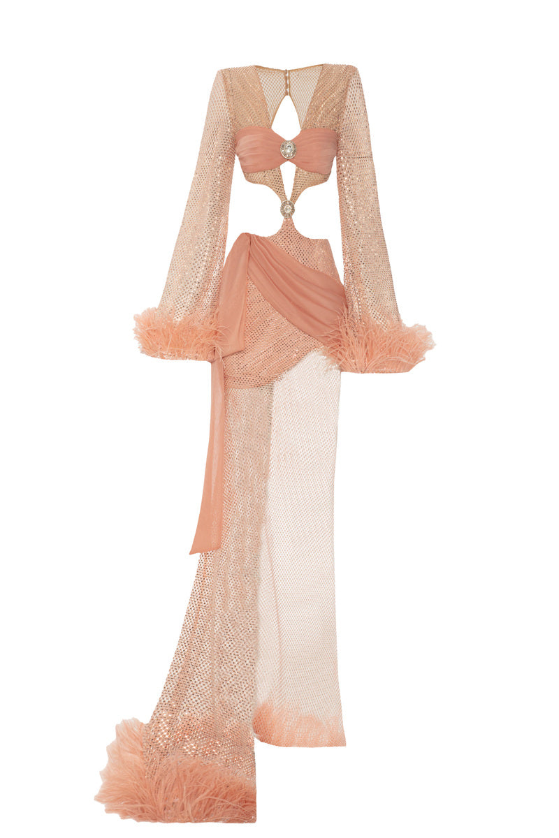 SALMON HANDMADE STONE PRINTED FEATHER DETAILED ASYMMETRIC DRESS - CULT MIA