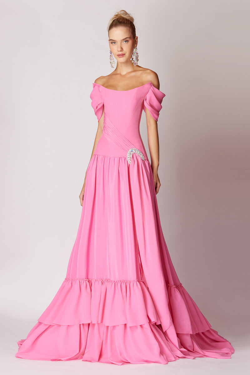 PINK BOAT NECK MAXI DRESS WITH BROOCH - CULT MIA