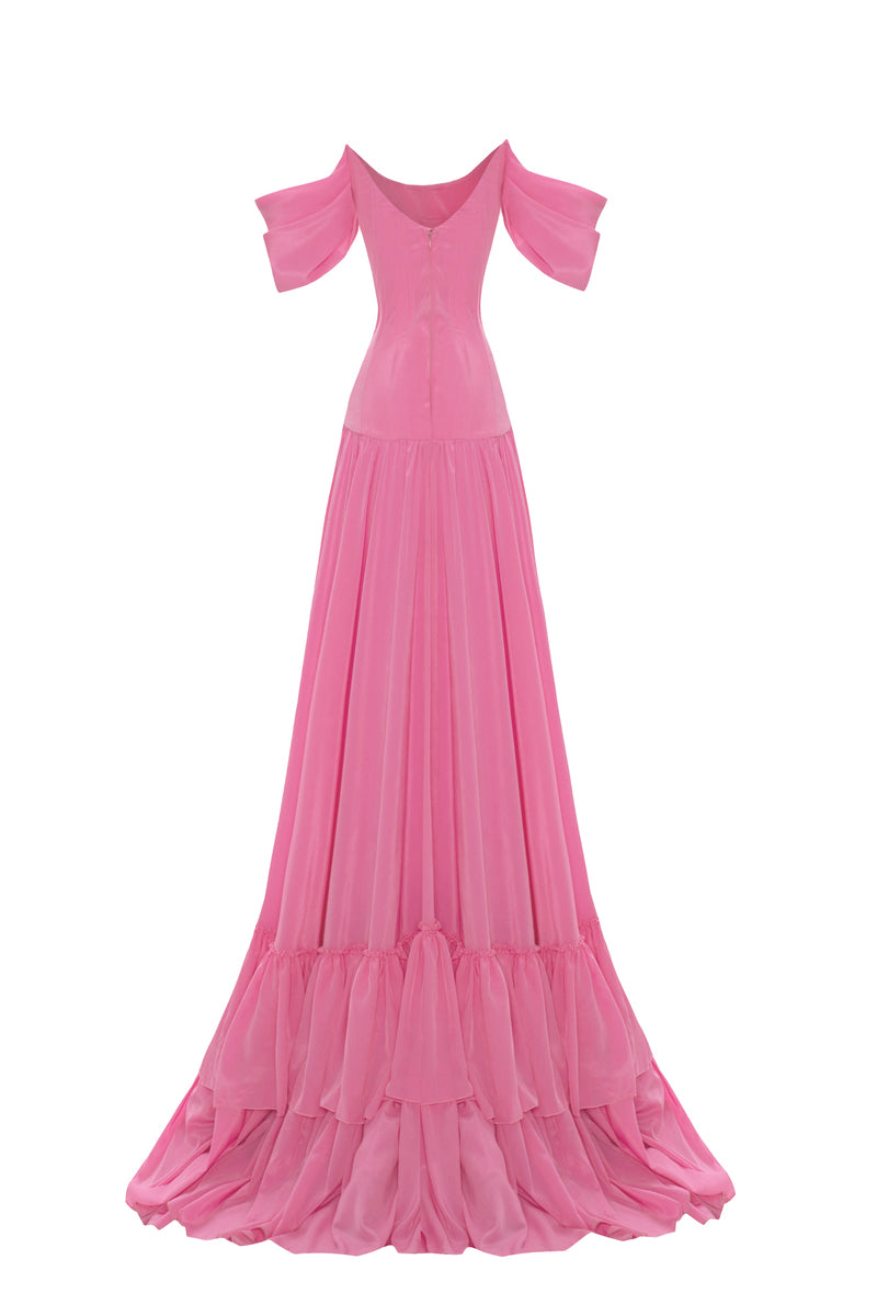 PINK BOAT NECK MAXI DRESS WITH BROOCH - CULT MIA