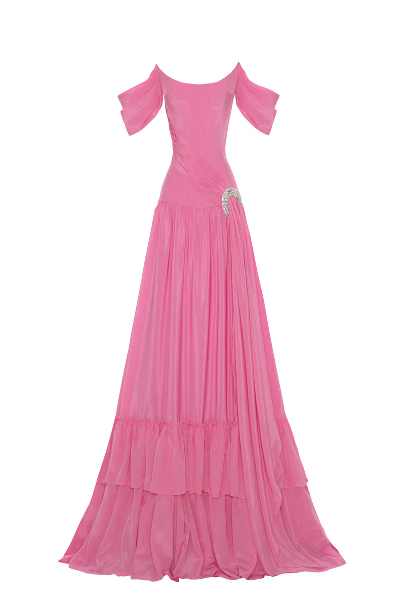 PINK BOAT NECK MAXI DRESS WITH BROOCH - CULT MIA