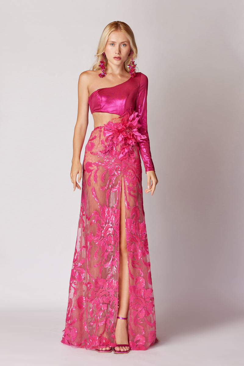 FUCHSIA ONE-SHOULDER MAXI DRESS WITH 3D FLOWER DETAILS - CULT MIA