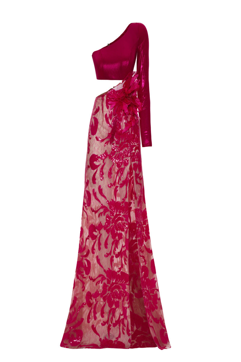 FUCHSIA ONE-SHOULDER MAXI DRESS WITH 3D FLOWER DETAILS - CULT MIA