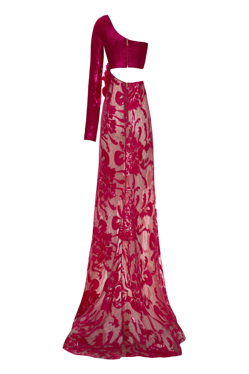 FUCHSIA ONE-SHOULDER MAXI DRESS WITH 3D FLOWER DETAILS - CULT MIA