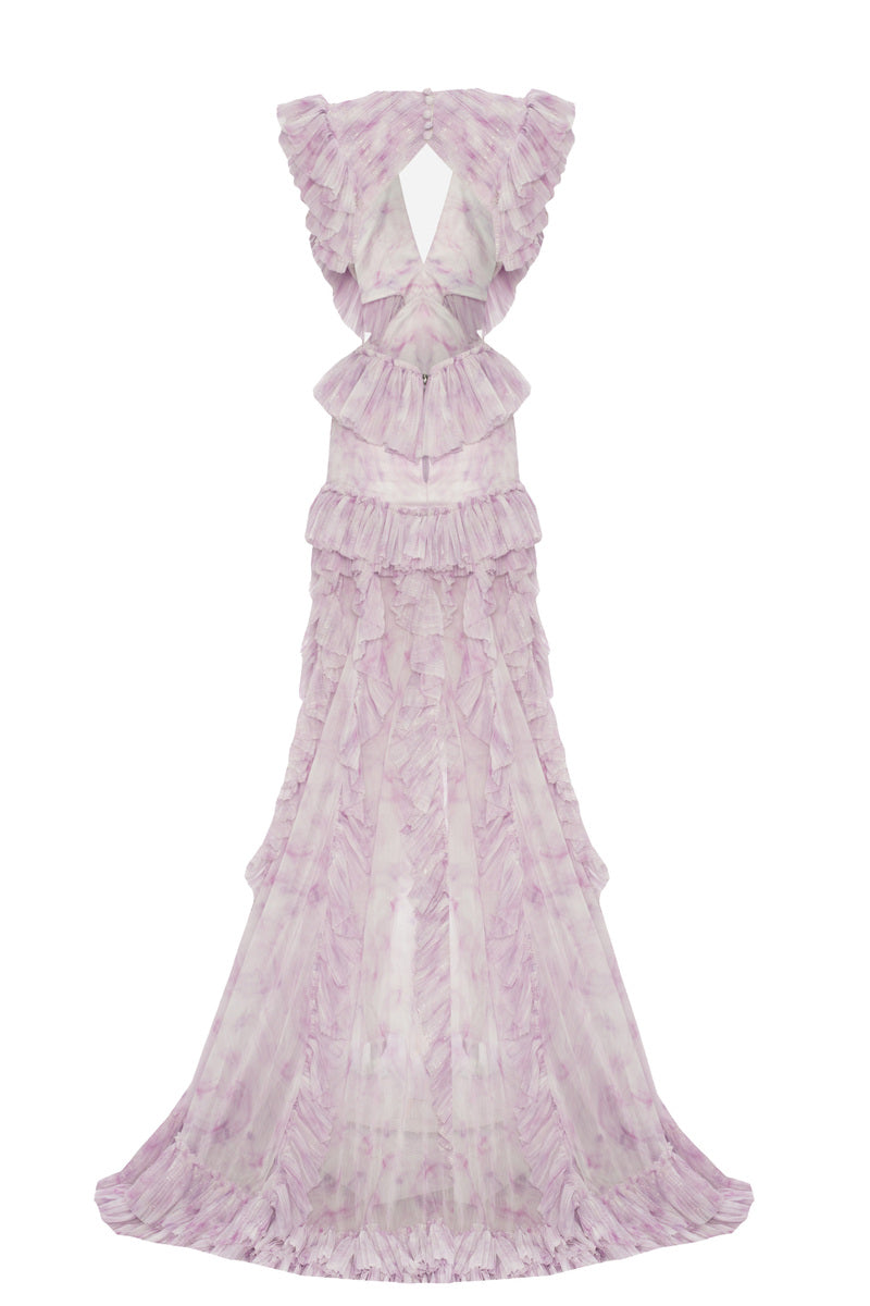 LILAC DEGRADE PATTERNED RUFFLED MAXI DRESS - CULT MIA