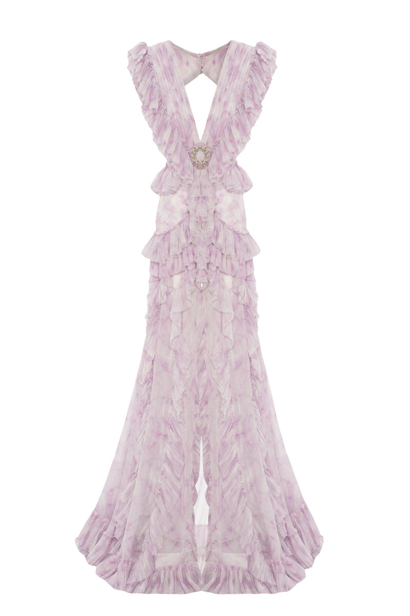 LILAC DEGRADE PATTERNED RUFFLED MAXI DRESS - CULT MIA