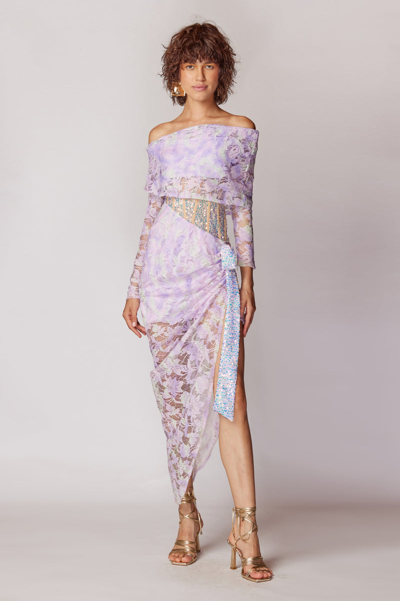 LILAC SEQUINED LACE LONG SLEEVE ASYMMETRICAL DRESS - CULT MIA