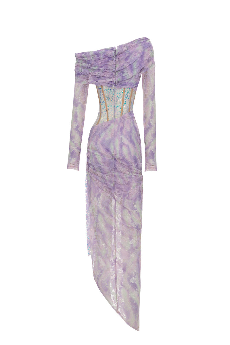 LILAC SEQUINED LACE LONG SLEEVE ASYMMETRICAL DRESS - CULT MIA
