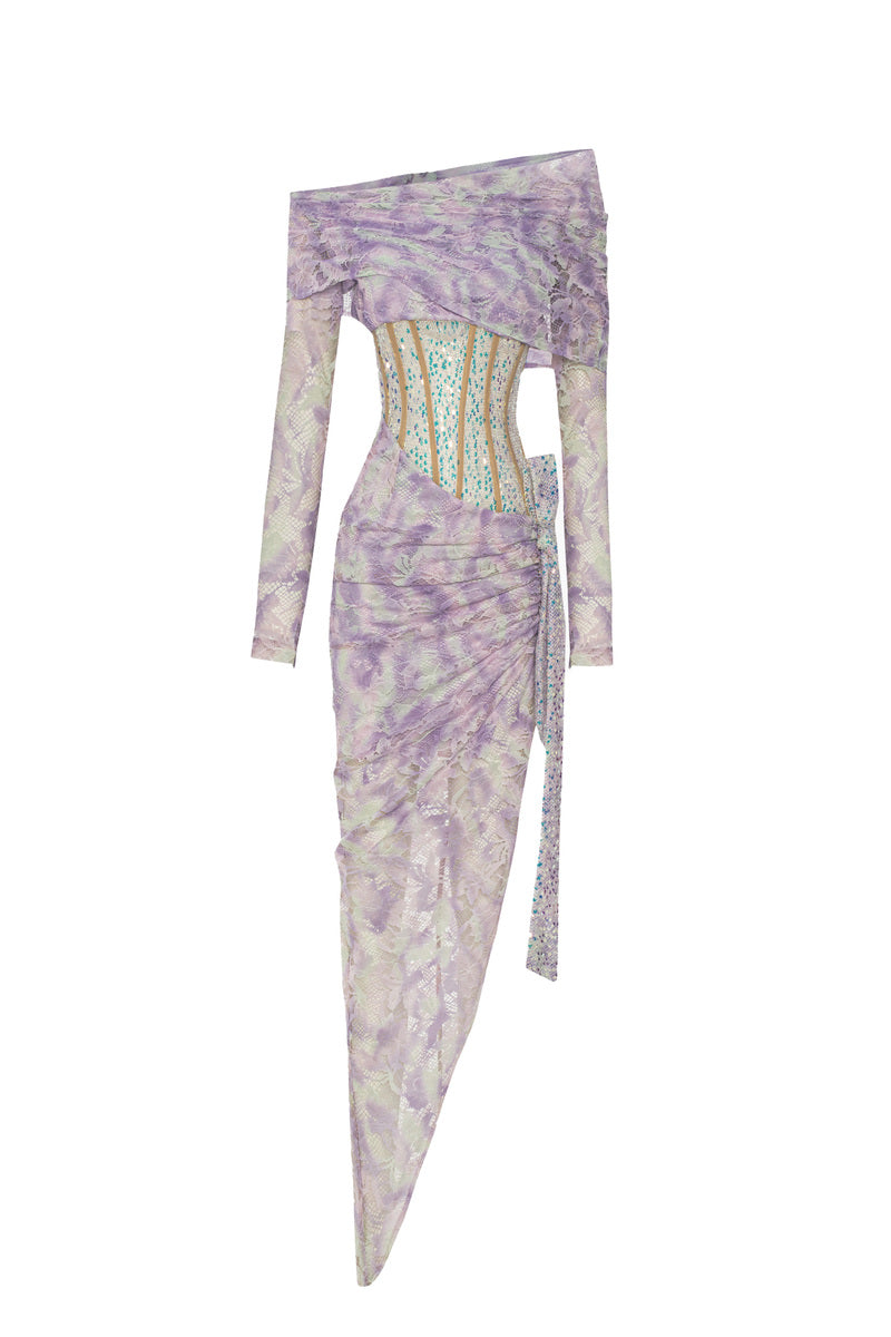 LILAC SEQUINED LACE LONG SLEEVE ASYMMETRICAL DRESS - CULT MIA