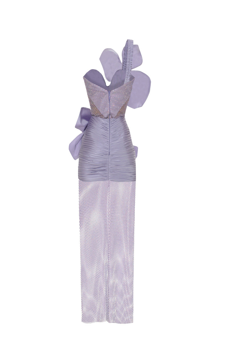 LILAC STONE PRINTED LACE MIDI DRESS WITH 3D FLOWERS - CULT MIA