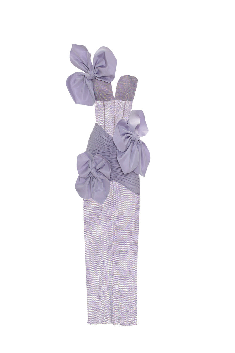LILAC STONE PRINTED LACE MIDI DRESS WITH 3D FLOWERS - CULT MIA