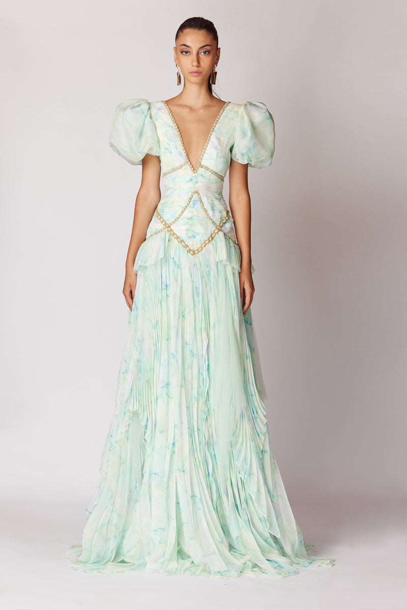 GREEN HANDMADE PUFF SLEEVE PLEATED LONG DRESS | CULT MIA | HALEIA GREEN HANDMADE PUFF SLEEVE PLEATED LONG DRESS | CULT MIA | HALEIA
