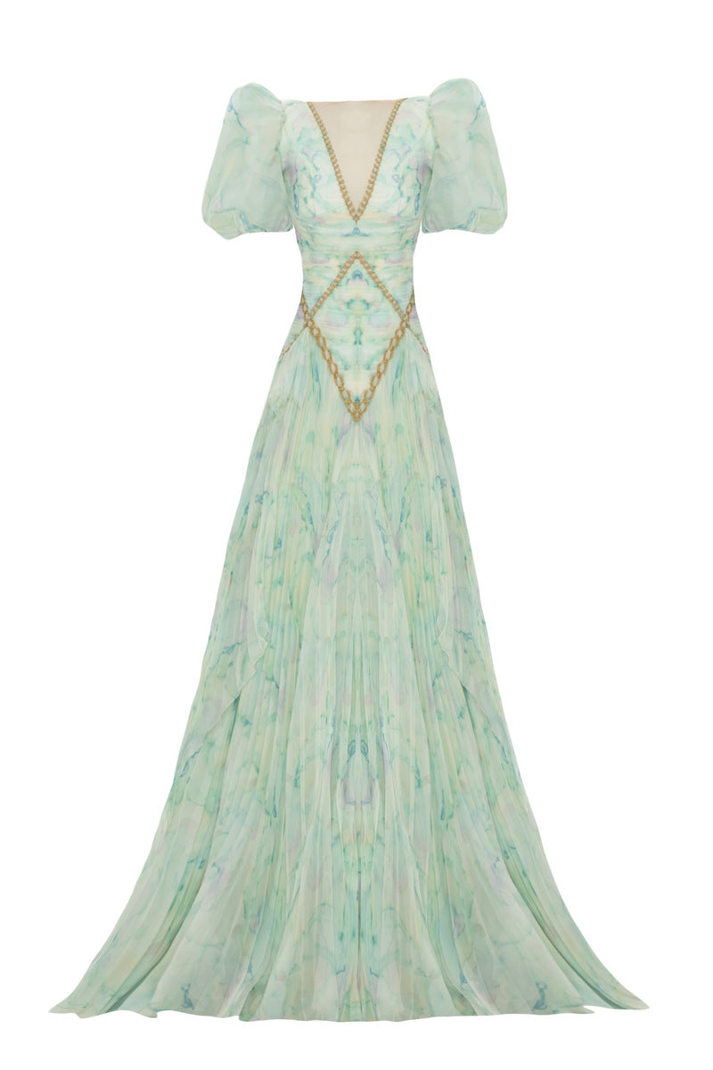 GREEN HANDMADE PUFF SLEEVE PLEATED LONG DRESS - CULT MIA