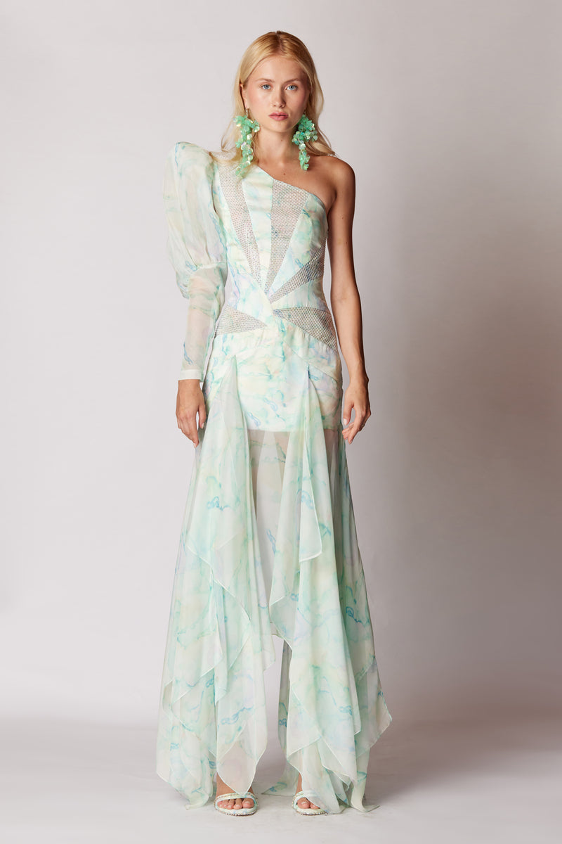 GREEN ONE-SHOULDER STONE PRINTED LACE MAXI DRESS - CULT MIA