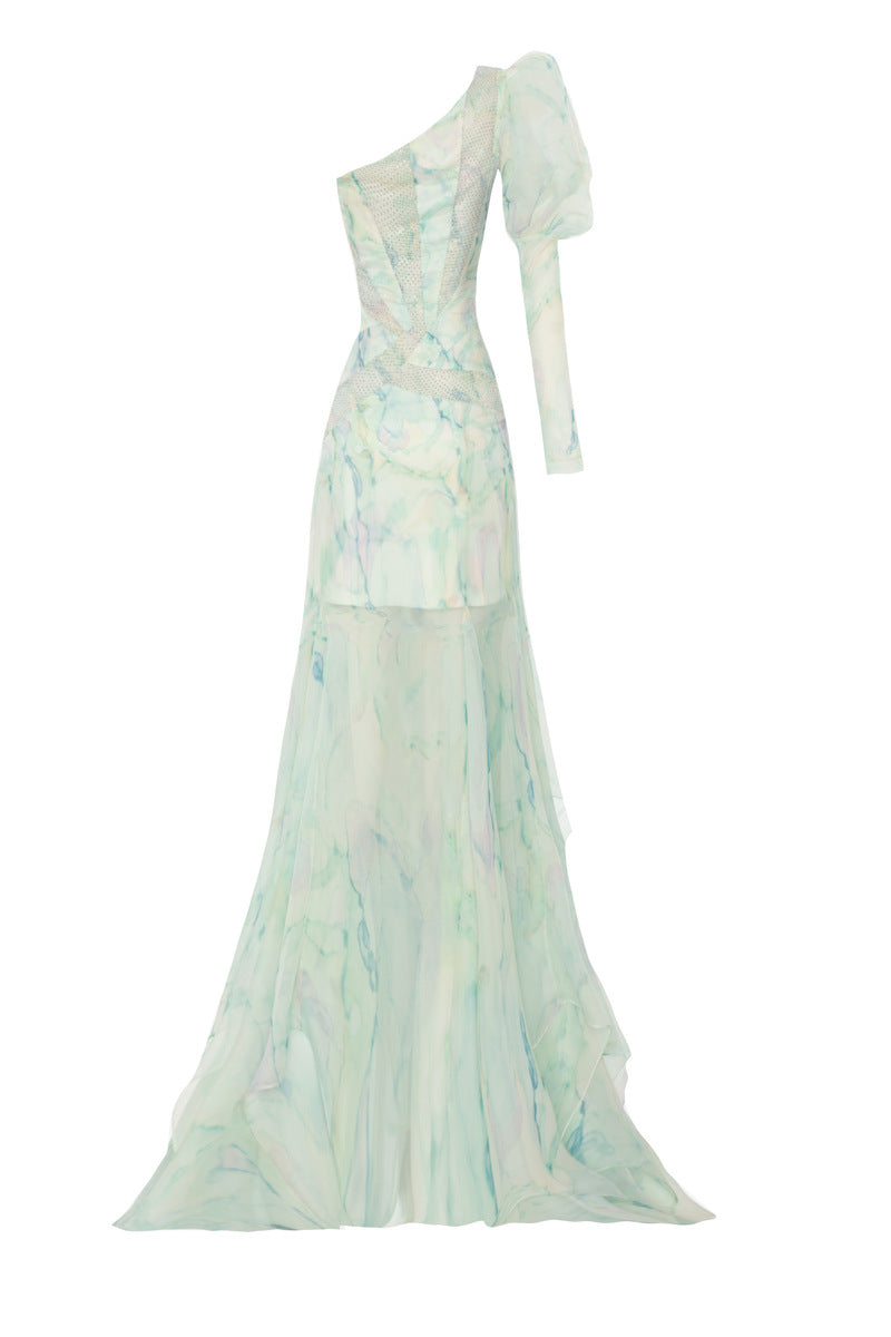 GREEN ONE-SHOULDER STONE PRINTED LACE MAXI DRESS - CULT MIA
