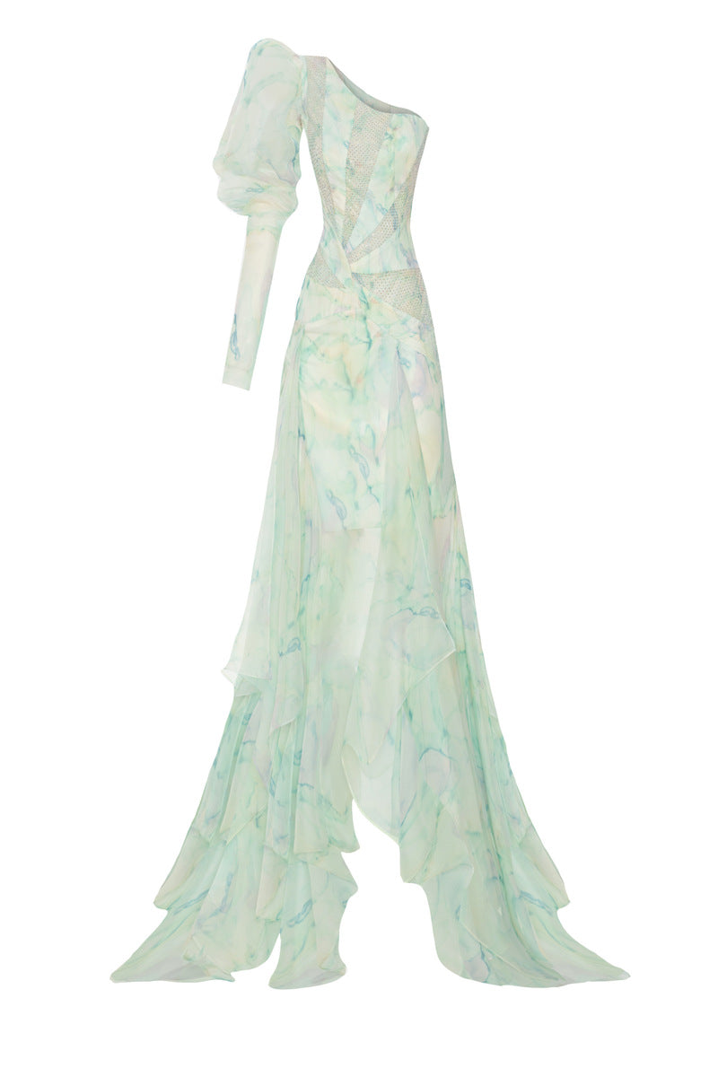 GREEN ONE-SHOULDER STONE PRINTED LACE MAXI DRESS - CULT MIA