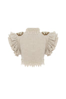 Beige handmade lace detailed ruffled linen jacket by HALEIA, shown from the back, with intricate lace and ruffle accents.