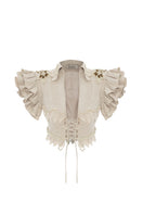 Beige handmade lace detailed ruffled linen jacket by HALEIA, front view showcasing intricate lace and ruffle design.