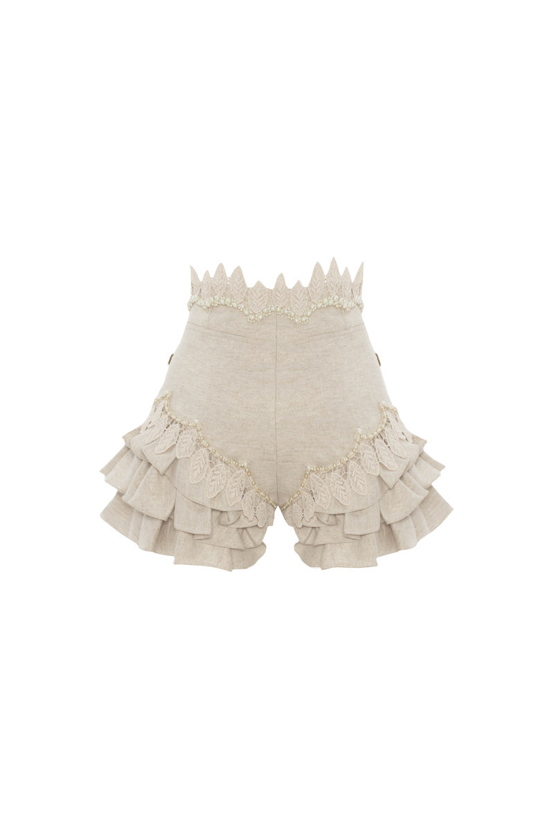 BEIGE HANDMADE APPLIQUE DETAILED RUFFLED LINEN SHORT - CULT MIA