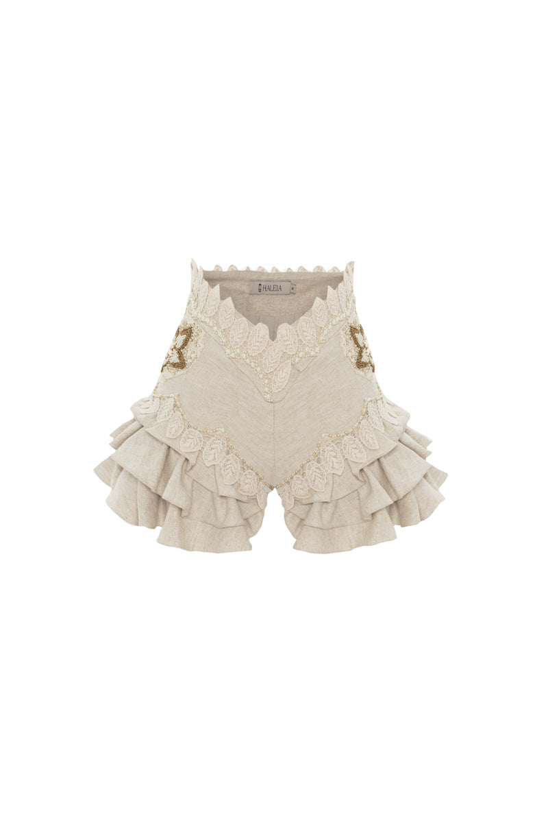 BEIGE HANDMADE APPLIQUE DETAILED RUFFLED LINEN SHORT - CULT MIA