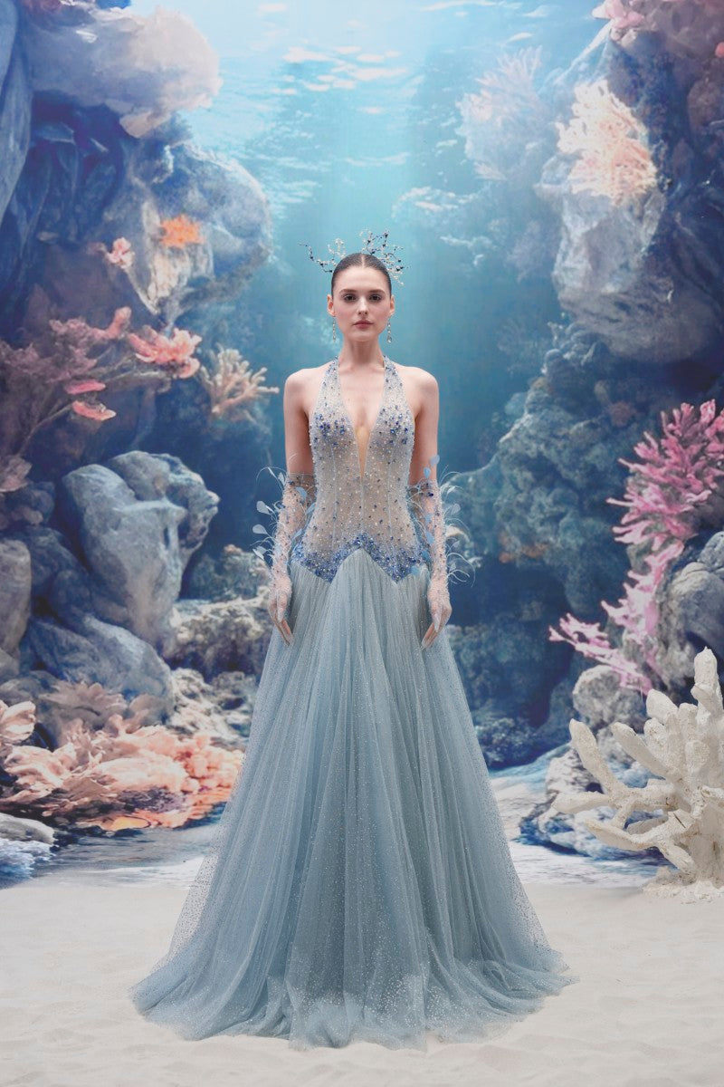 MURIEL GLITTER TULLE DRESS IN LIGHT BLUE WITH GLOVES