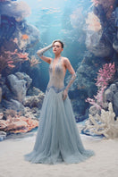 Light blue Muriel glitter tulle gown by 21Six with matching gloves, elegant evening dress with shimmering fabric and delicate design.