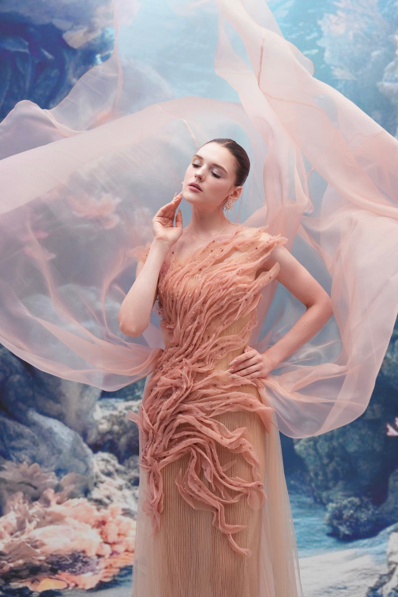 Light pink tulle and organza gown by 21Six, featuring elegant layers and a flowing silhouette, perfect for formal occasions.