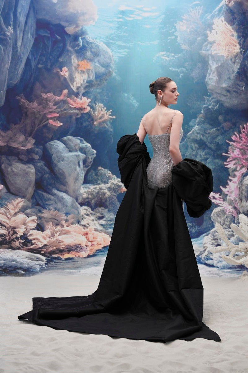 Elegant MOIRAE sequin gown paired with a Marisol taffeta cape, perfect for formal events, by 21Six.