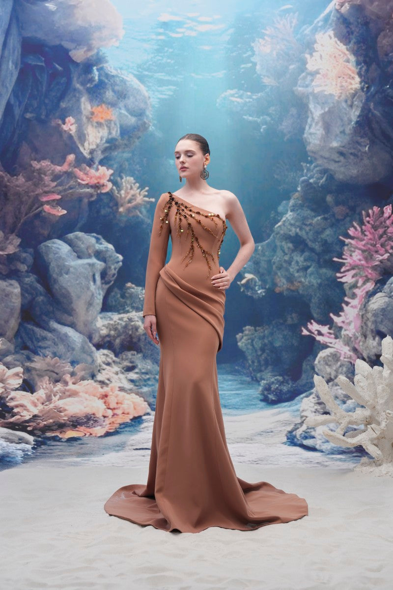 Light brown DARYA crepe gown by 21Six, featuring a stylish, elegant design perfect for formal occasions.