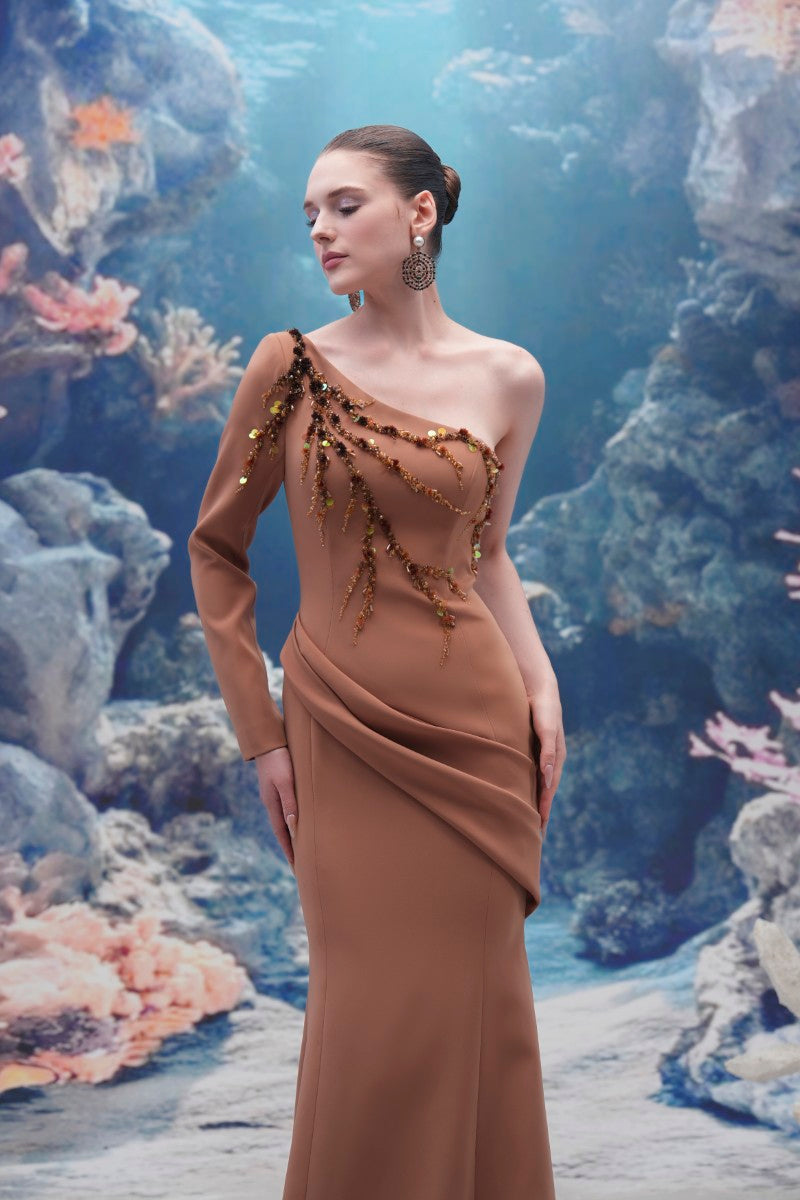 Light brown Darya crepe gown by 21Six, featuring elegant design and flowy fabric, perfect for formal occasions.
