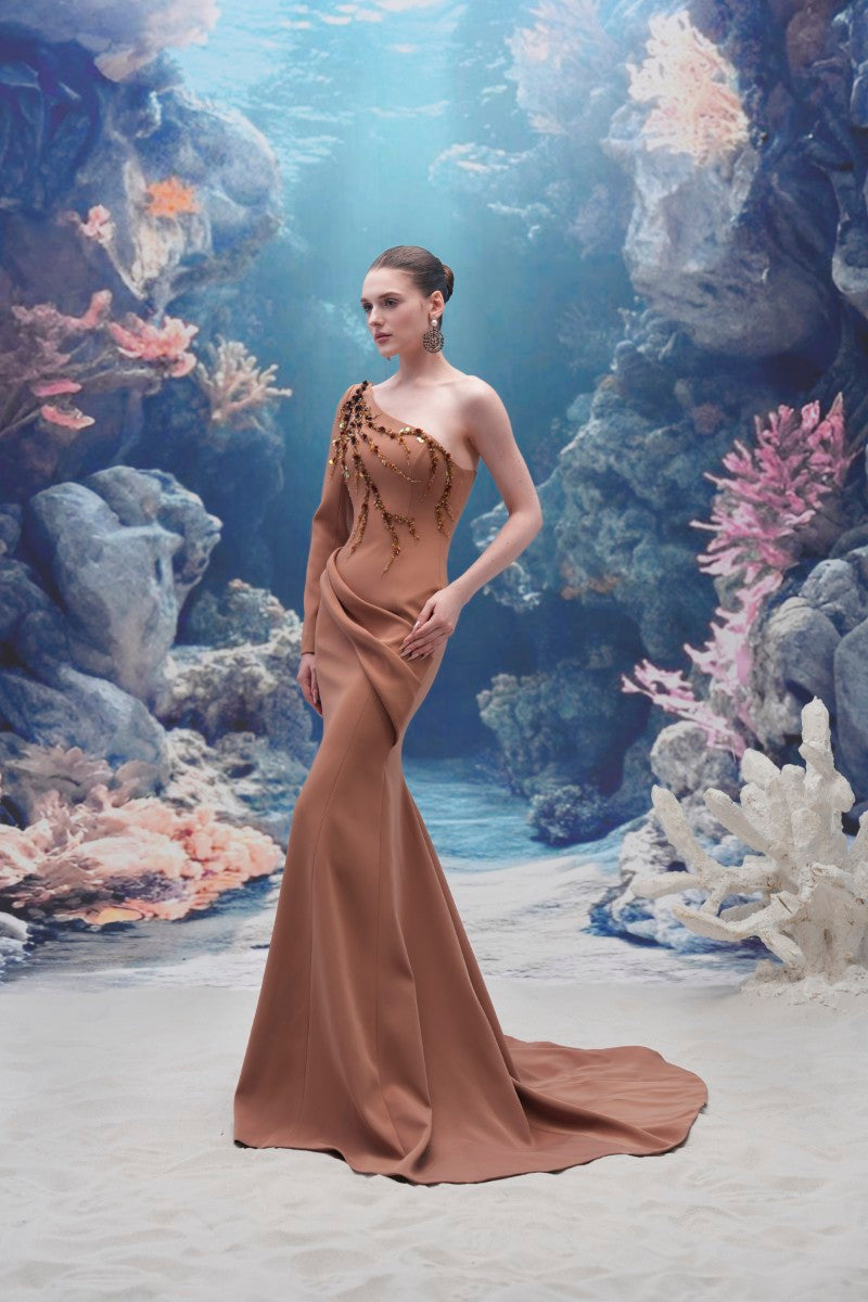 Light brown Darya crepe gown by 21Six, featuring a stylish flowing design and elegant silhouette.