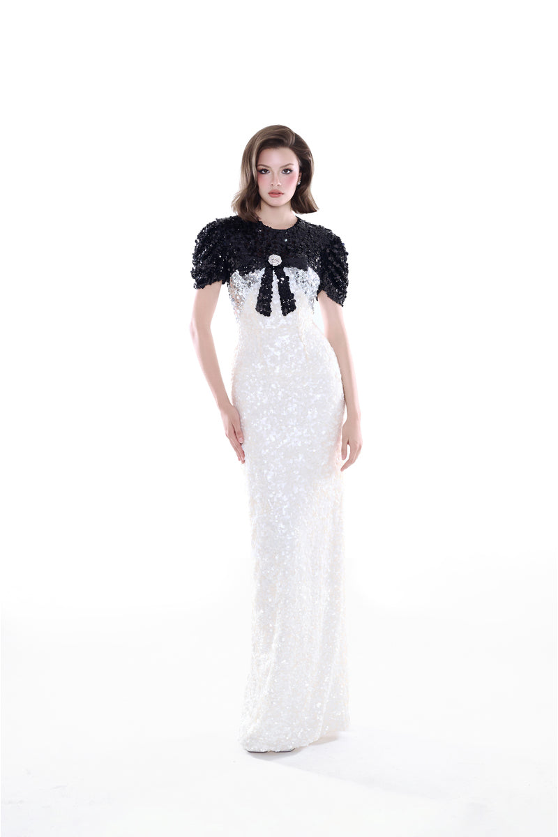 Ivory Bianca contrast sequin maxi gown by HACCHIC COUTURE, elegant evening dress with shimmering sequin details.