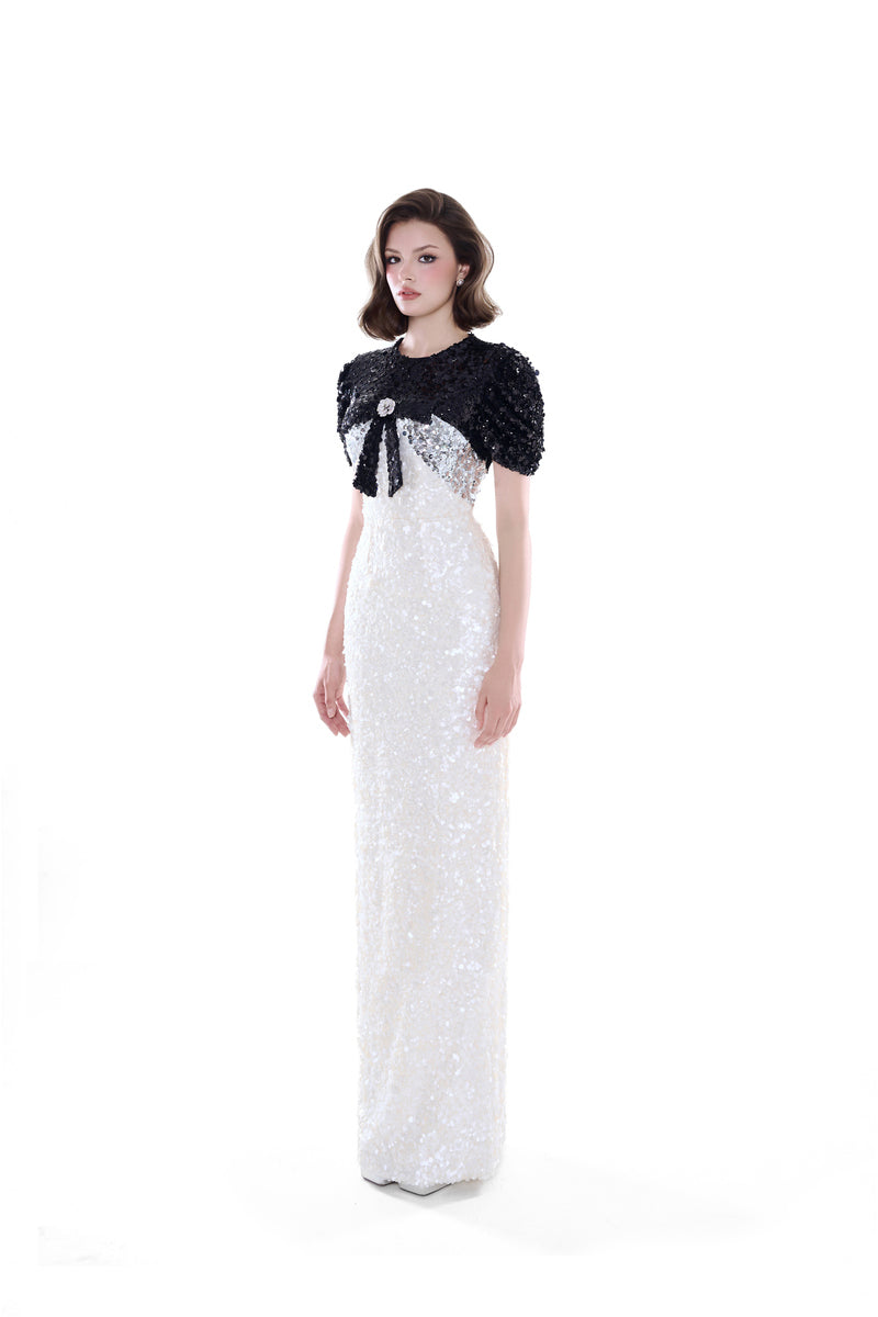Ivory Bianca Contrast Sequin Gown by HACCHIC COUTURE, elegant maxi dress with shimmering sequins and contrasting details.