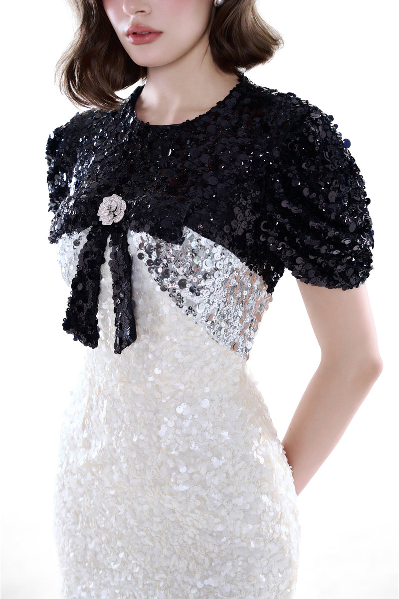 Ivory Bianca contrast sequin gown by HACCHIC COUTURE, elegant maxi dress with shimmering sequin details and flowing silhouette.