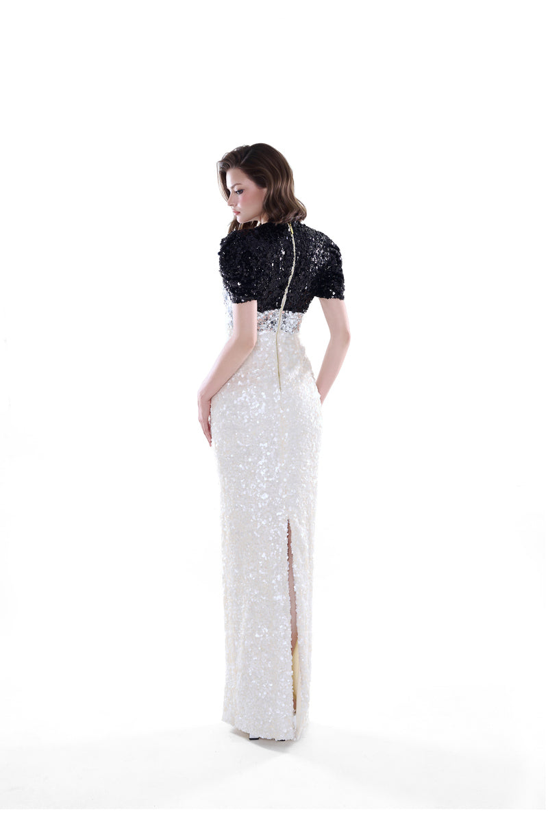 Ivory Bianca contrast sequin gown by HACCHIC COUTURE, featuring a flowing maxi dress design with shimmering sequin details.