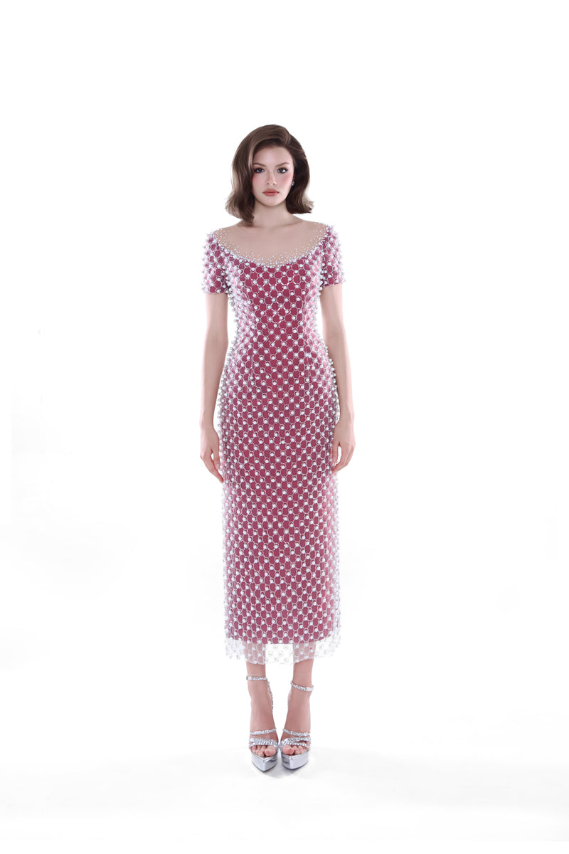 Rose pink Camellia crystal mesh midi dress by HACCHIC COUTURE featuring elegant crystal embellishments and a flowing silhouette.
